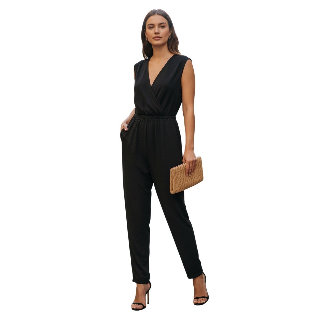 Sandro Paris Black V-Neck Crepe Jumpsuit Small Elastic Waist Tapered Nwot